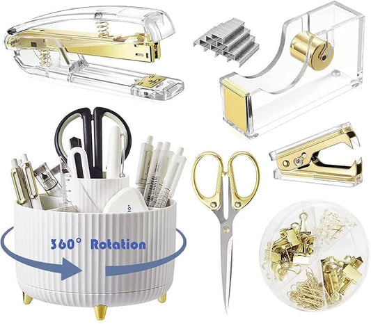 Gawsey Gold Desk Organizers and Accessories with Desk Organizer 360° Rotating Pen Holder and Office Supplies, Cute Stationery Supplies Set