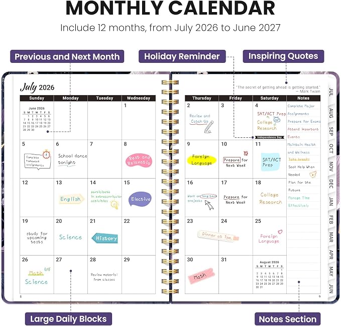 Planner 2026–2027, Academic Planner Weekly and Monthly Calendar Jul 2026 – Jun 2027 Hardcover Planner with Tabs and Pocket, Spiral Bound Agenda Book for Student & Teacher, 6.3" x 8.5", Twilight Path