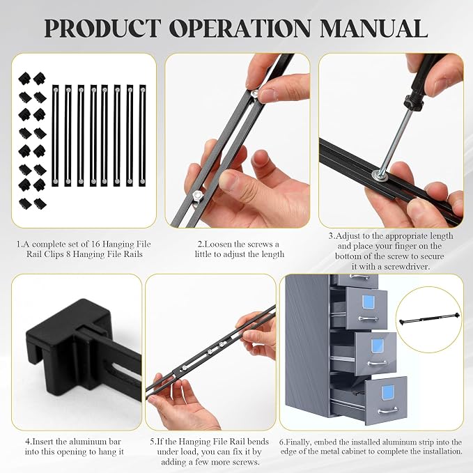 24 Pcs Metal Adjustable File Cabinet Rails Set Include 16 Hanging File Rail Clips 8 Cabinet Dividers Bars Suitable for Cabinets with Drawer Thickness Less Than 1/8 Inch(Black,10-18.5 Inch)