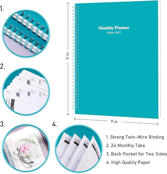 2026-2027 Monthly Planner - Monthly Calendar 2026-2027 with Two-Side Pocket, January 2026 - December 2027, 9" x 11", 2 Years Calendar Planner, Cardboard Cover