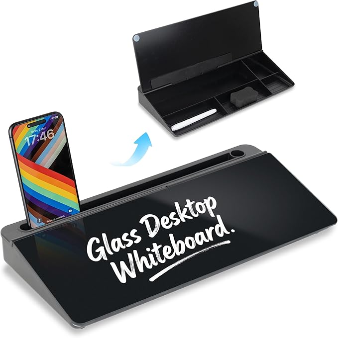 Glass Desktop Whiteboard 15.8×7”, Dry Erase Note Memo Board, Desk Organizer with Storage for Desk, Home, Study, Office, Back to School Supplies, Black, 2026