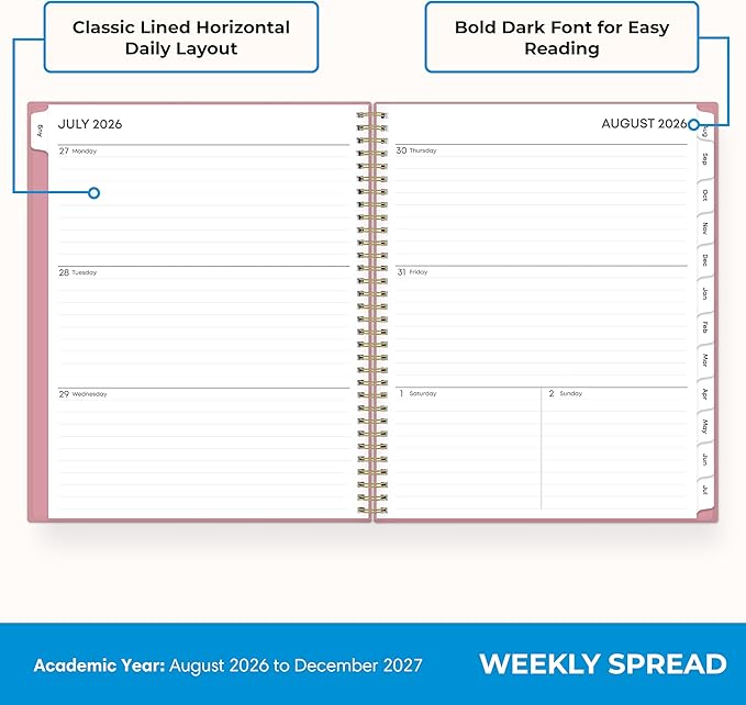 Blue Sky 17 Month 2026-2027 Weekly and Monthly Academic Year Planner Calendar, August 2026 - December 2027, 8.5" x 11", Flexible Cover, Wirebound, Laminated Tabs, Dusty Rose