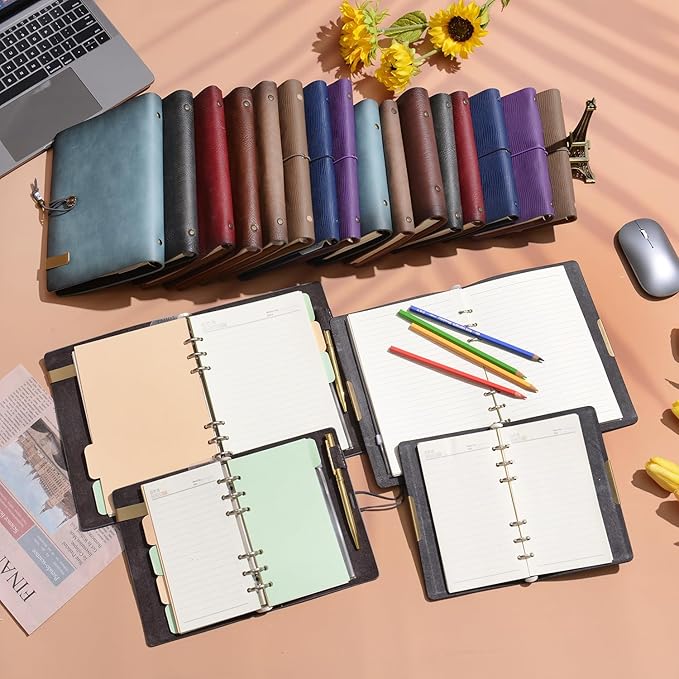 Wonderpool Leather Journal Lined Paper Notebook & Pen - Refillable 6 Ring Binder Writing Spiral Diary with Ruled Notepads Vintage Cover for Office Travel Work and Plan Agenda (A6, a-Cyan)