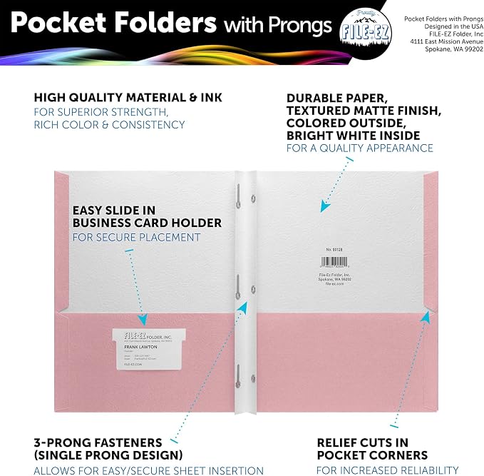 FILE-EZ Two-Pocket Folders with 3-Prong Fasteners, Pink Color, 25-Pack, Durable Textured Paper, Matte Finish, Letter Sheet Size (EZ-92590)