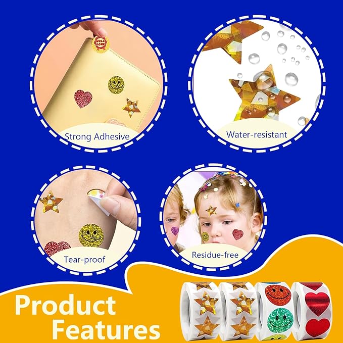 1500 Pcs 1.0Inch Gold Star,Smiley Face and Heart Stickers for Kids Reward,Behavior Chart,School Classroom Student Teacher Supplies Gift