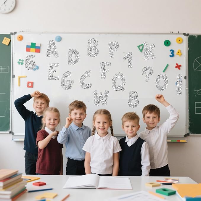 233Pcs Glitter Bulletin Board Letters, Numbers and Punctuation, with Adhesive Dots, for Classroom Numbers Alphabet Poster Board Letters Display School Decoration (Silver)