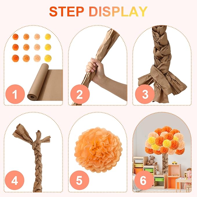 Whaline Fall Classroom Tree Bulletin Board Set 3D Classroom Wall Decor Kit 1 Roll Kraft Paper with 28 Paper Pompoms Glue Points for Autumn Party School Chalkboard Office (Orange,8, 10, 12 Inch)