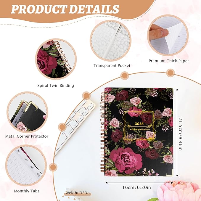 2026 Appointment Book,Weekly and Monthly Calendar Planner for Women, Jan 2026 - Dec 2026, Hardcover Planning Agenda book with Tabs, Spiral Bound, Inner Pocket, Perfect for School Office Supplies, 8.4" x 6.3" (Black and Rosa)