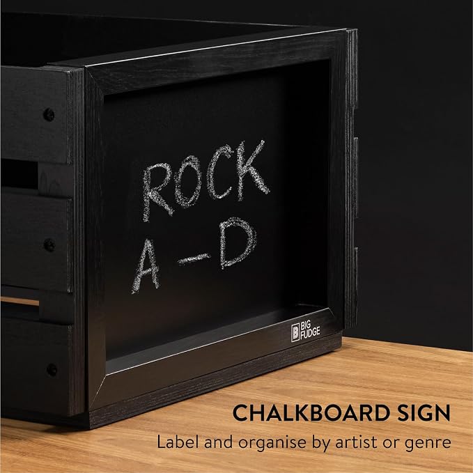 Big Fudge Wood Record Crate - Vinyl Album Storage Holder Box Wooden Case with Chalkboard Sign Board - Vinyl Record Storage Box for up to 80 LP Records