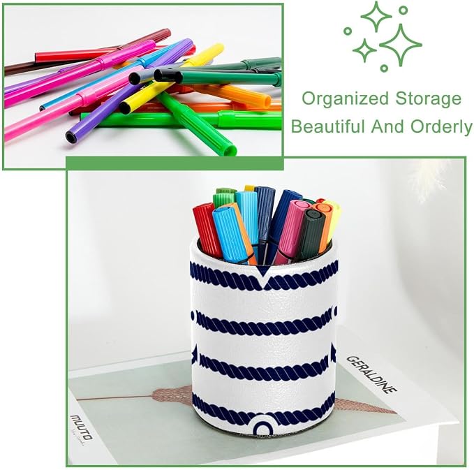 Round Pencil Holder for Desk, Blue Stripe Anchor Ocean Large Pencil Pen Cup, Desk Accessories & Workspace Desk Organizer for Home, School, Office