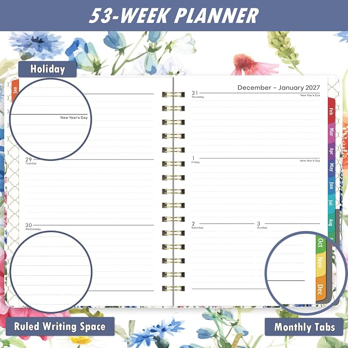 2027 Planner - 2027 Planner Weekly and Monthly, Jan 2027 - Dec 2027,2027 Calendar Planner with Colorful Tabs, 6.3" x 8.4", Hardcover with Back Pocket + Thick Paper + Twin-Wire Binding - Flowers