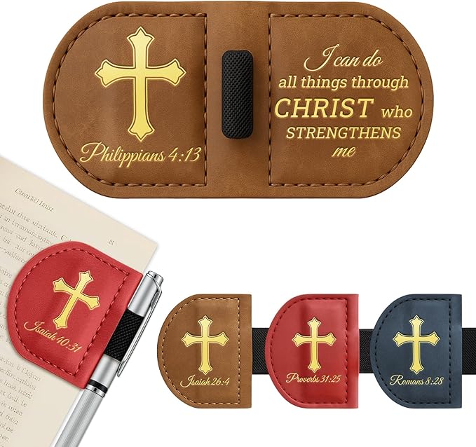 Personalized Magnetic Leather Bookmark with Pen Holder - Bygone Mark Custom Bible Verse Bookmarker,Book Marker for Men & Women,Book Lovers,Readers,Church(Brown，Philippians 4:13)