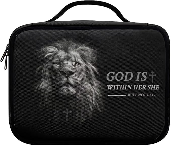 Lion Print Bible Covers for Women Men Zippered Bible Carrier Book Bag, God is Within Her She Will Not Fall, Church Bag Bible Protective with Handles Christian Gifts, Black