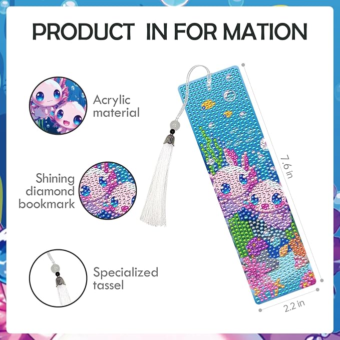 Axolotl Diamond Art Painting Bookmarks - 6 Pcs DIY Pink Animal Diamond Painting Kits with Tassel Sea Art Craft Back to School Supplies Graduation Gift for Teacher Student Book Lover
