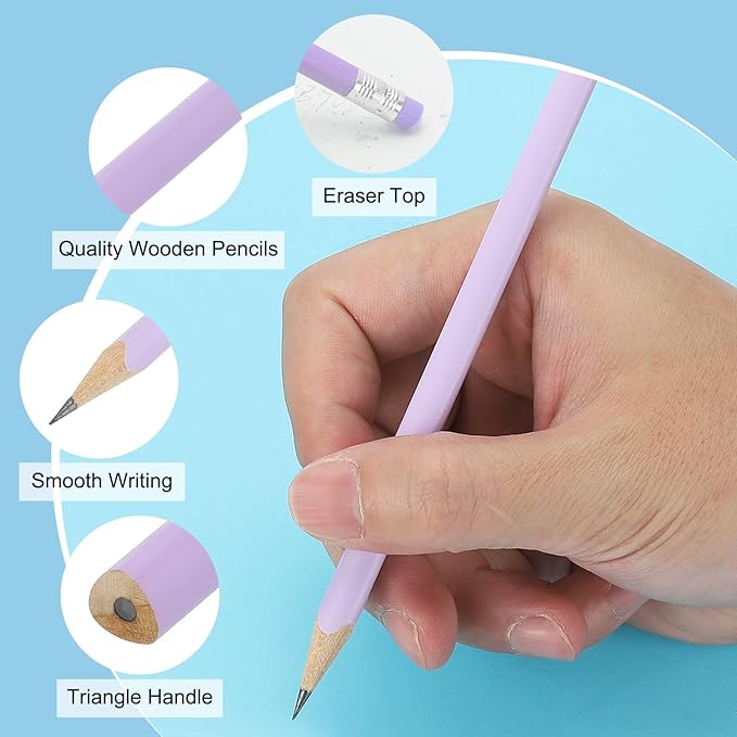 PATIKIL Round Pencils, 36 Pack Triangle HB Graphite Pencil Woodcase Wooden Pencils with Eraser for Classroom Office Writing Drawing Supplies, Blue