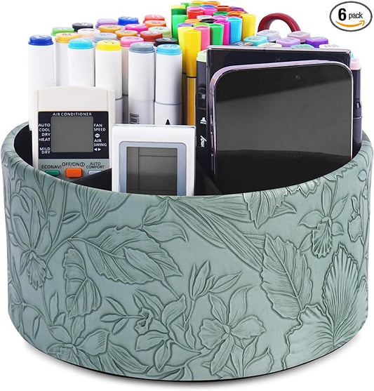 Remote Control Holder, 360°Spinning PU Leather Desk TV Remote Caddy,Desk Storage Box Room Accessories for Controller, Media,Mail,Calculator, Mobile Phone,Pencil(1-Carved Green2)