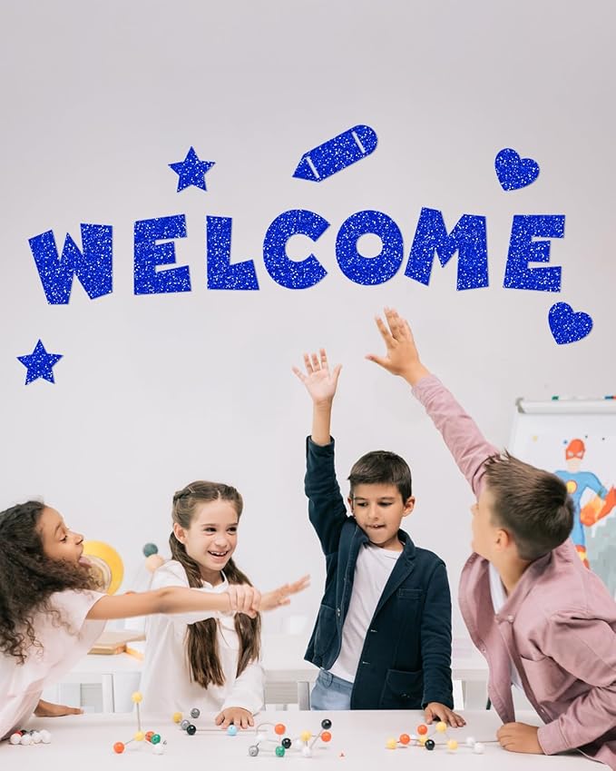 243 Pcs Glitter Bulletin Board Letters Set, 4 Inch Alphabet Poster Board Cardboard Cutouts with Numbers and Punctuation, Classroom School Wall Display Decorations (Blue)