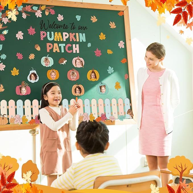 Pasimy Fall Bulletin Board Decorations Set Pumpkin Classroom Door Decor Autumn Maple Cutouts DIY Pumpkin Photo Crafts Thanksgiving Bulletin Board for Halloween Home Office Wall Supplies(Cartoon)