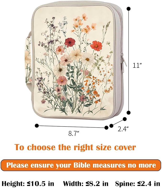 Vintage Wildflower Bible Cover for Women | Floral Scripture Case with Zipper and Handle | Large Polyester Bible Bag with Pockets for Church, Study & Travel | Christian Gifts for Women