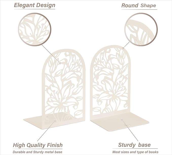 CNK Premium BookEnds - Metal Book Stoppers for Heavy Books, Home Office, Decorative Lily Flower White