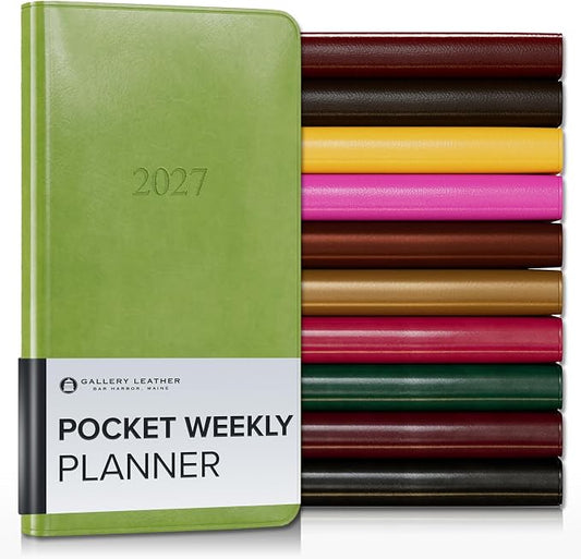 Gallery Leather Pocket Weekly Monthly Planner 2027, Elegantly Bound Calendar Planner and Notebook with Stylish Gold-Gilded Page Edges, 12 Months - Acadia Lime - 6x3.25"