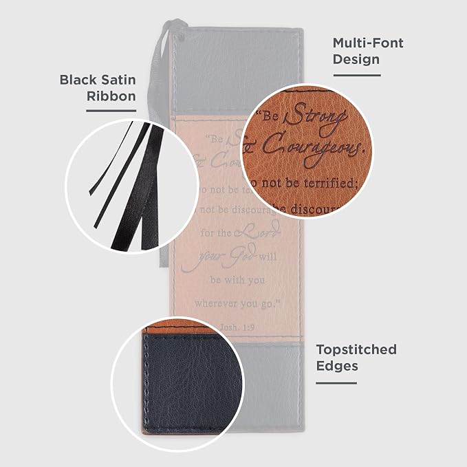 Christian Art Gifts Vegan Faux Leather Scripture Bookmark for Men: Strong and Courageous - Joshua 1:9 Inspirational Bible Verse, Heat-Debossed, Faith-Based Reading Accessory with Tassel, Black & Tan