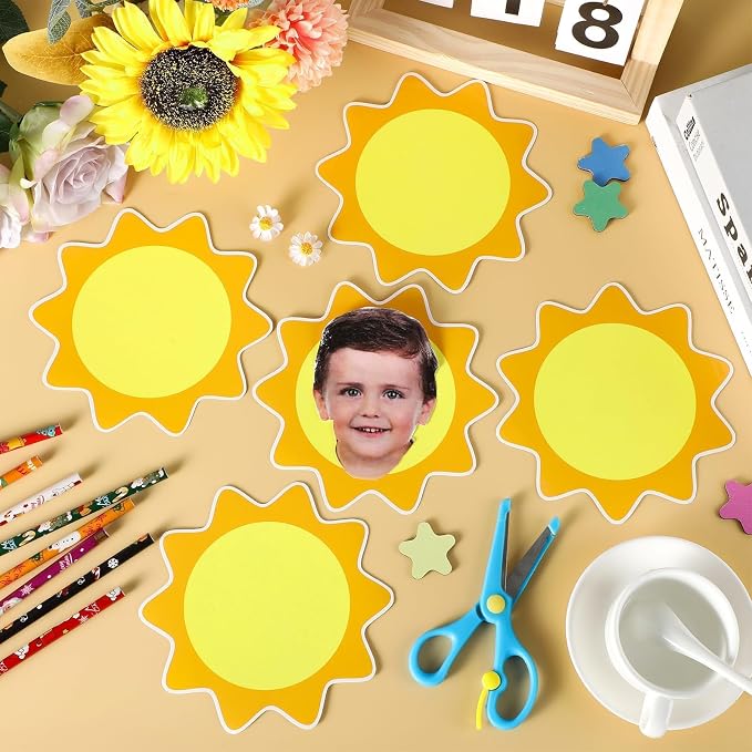 gisgfim 80Pcs Summer Sun Cutouts Sunshine Decorations Bulletin Board Yellow Sun Paper Cut-Outs Classroom Decor for Boy Girl DIY Craft Photo Wall Door Summer Kindergarten Preschool Party Favor Supply