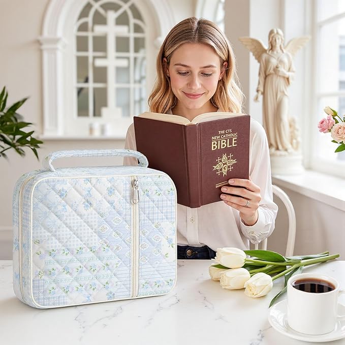 shirabags Quilted Bible Cover Case for Women - Elegant Cotton Bible Bag for Study, Church, Christian Gifts for Women (Blue Floral Bow Patchwork, M)