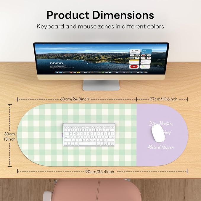 Checkered Pattern Desk Pad Protector, 35.5 x 13'' Aesthetic Mouse Mat for Desktop, Waterproof PU Leathe Non-Slip Desk Writing Pad for Office and Home, Green and Purple