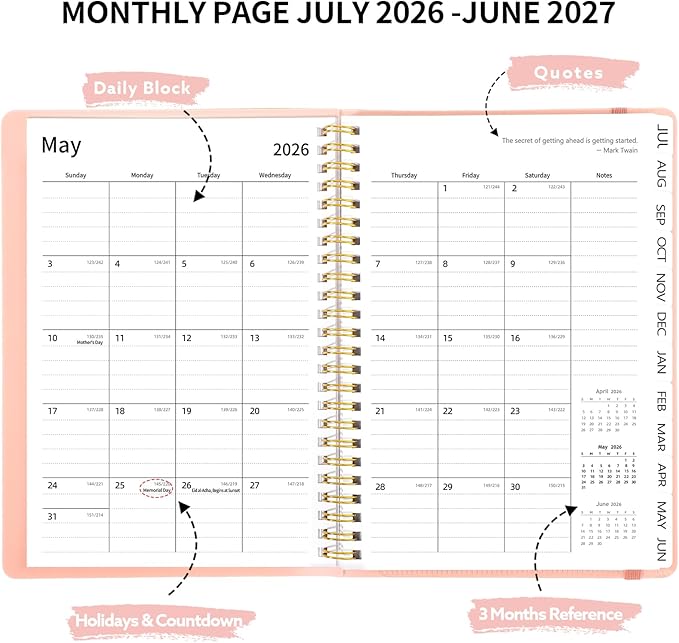 2026-2027 Planner, Weekly and Monthly Planner, July 2026-June 2027, Calendar Planner A5 (6.1" x 8.4") with Tabs, Inner Pocket for Home School Office Supplies, Pink