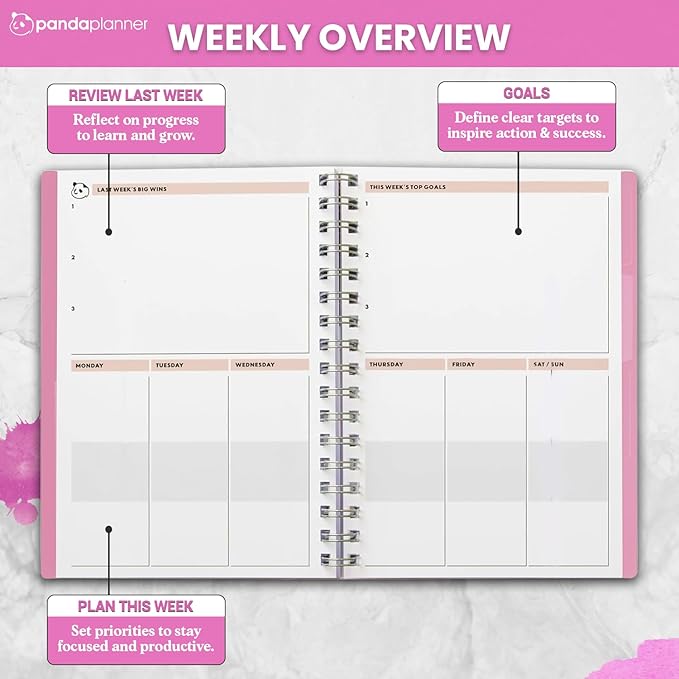 Panda Planner 2026 Undated Daily Planner with Hourly Schedule 5.75" x 8.25" – 90 Days Daily Journal with Spiral Binding – To Do List Notebook with Habit Tracker for Home/Office Supplies – Pink