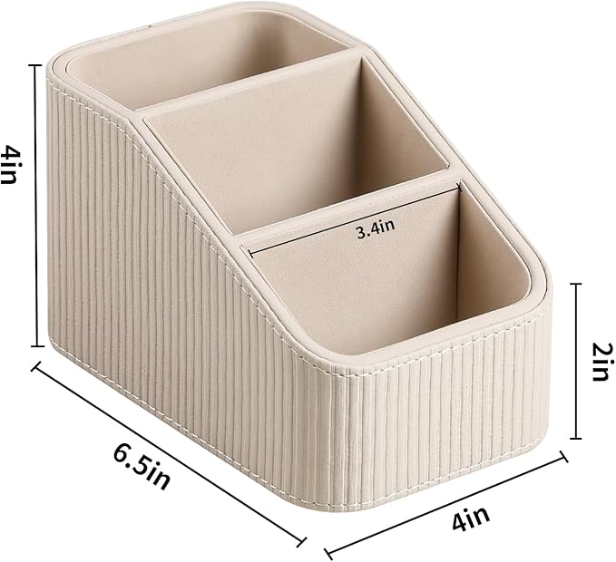 Remote Control Holder, PU Leather Nightstand Organizer Bedside Caddy with 3 Compartments, Small Desk Organizer for Remote/Pen/Glasses/Phone (Beige)