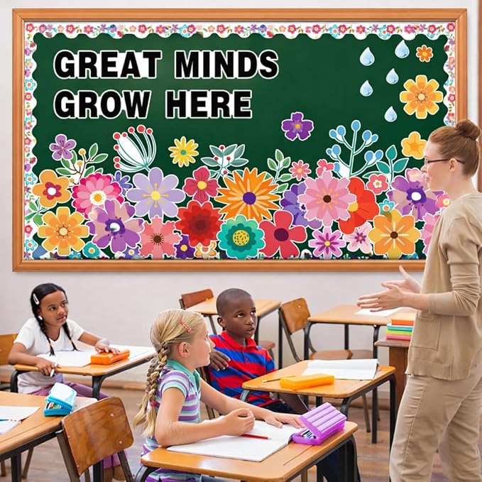 Wildflowers Spring Bulletin Board Set – Floral Great Minds Grow Here Classroom Decor – Sunflower Cutouts with Blackboard Borders for Back to School, Wall & Door Displays