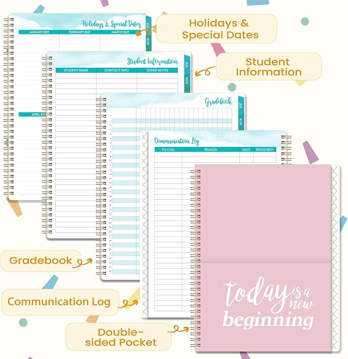 Teacher Planner 2026-2027 - Teacher Lesson Planner, July 2026 - June 2027, 2026-2027 Teacher Planner, Hardcover Planner With Clip & Double-sided Pocket, 9" x 11", Colorful Design