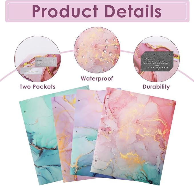 Ddaowanx Plastic Folders with Pockets, 4pcs Decorative Folder Marble Colors, Heavy Duty Plastic Two Pocket File Folders, Fits 3-Ring Binders (4)