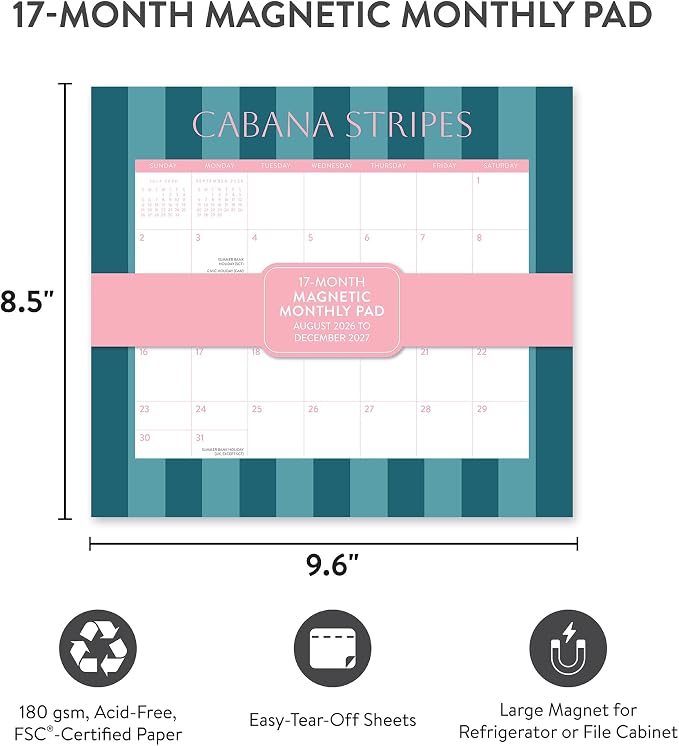 Orange Circle Studio 2027 Cabana Stripes Magnetic Monthly Calendar Pad, 17-Month Stripe Design Calendar for Office Desk & Refrigerator, Wall Planner, 9.6" x 8.5", Tear-Off Pages, Thick Paper Family Organizer