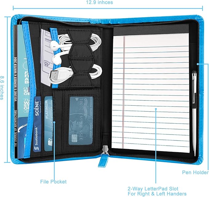 Junior Padfolio Portfolio with 5 x 8 Writing Pad, A5 Business Portfolio Binder Folder Organizer Multi-Function Combination Case for Men Women, Blue