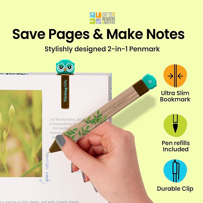 Gifts for Readers & Writers Pen Bookmark, Page Marker & Flat Writing Pen for Journal Notebook & Planner, Penmark Reading Accessory for Making Book Annotations, Owl