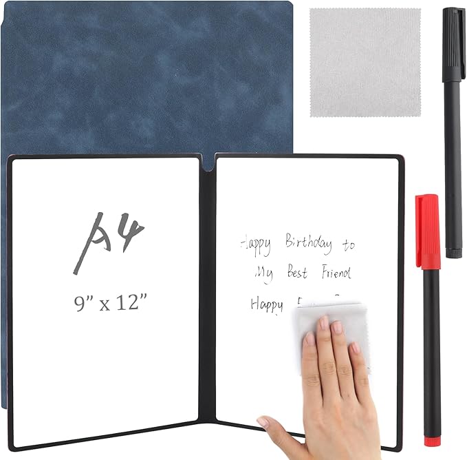 A4 Portable Whiteboard Notebook,12" x 9" Double Sided Dry Erase Board with Two Pens,Folding Reusable Writing Pad for Office Meetings,School,Planning,Travel,PU Cover(Denim Blue)