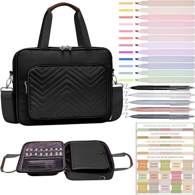 Waterproof Bible Cover Case for Women,Quilted Bible Case with Leather Handle and Bible Study Kit Includes 5 Pens, 12 Highlighters, 72 Tabs,Bible Journaling Supplies (Black)