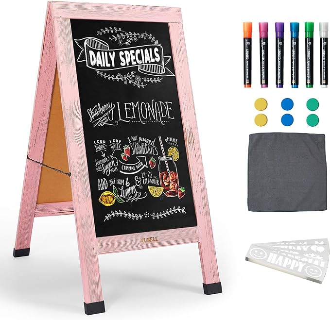Large Sandwich A-Frame Chalkboard Sign - 40 x 20 Inches Pink Magnetic Wooden Chalk Board for Sidewalk, Stand up Double-Sided Outdoor Easel Display for Restaurant Cafe Shop Wedding Party or Business