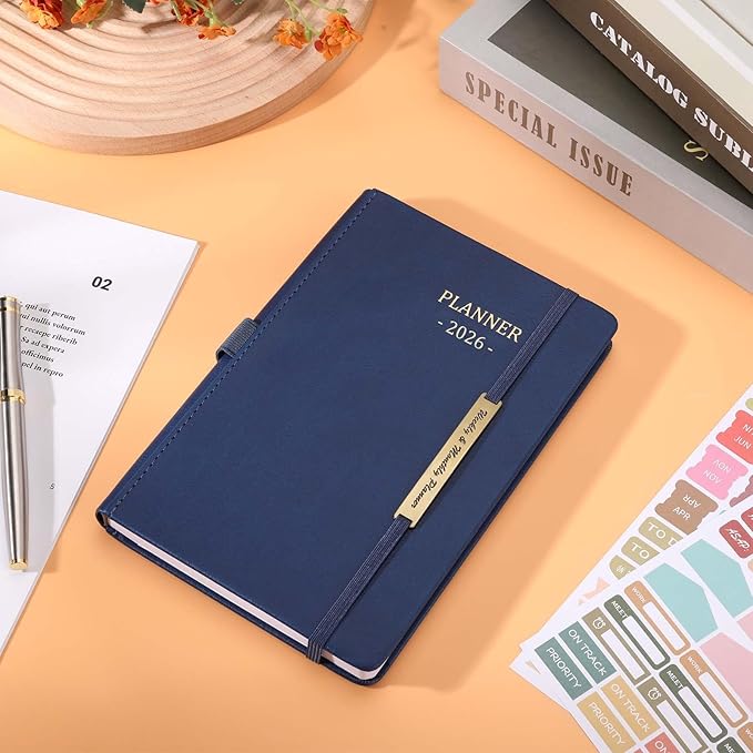 Tiankool Planner 2026, Jan 2026 - Dec 2026 Weekly Monthly Planner with Stickers, Elastic Closure, Inner Pocket, Round Corner, 5.8" x 8.25" - Blue
