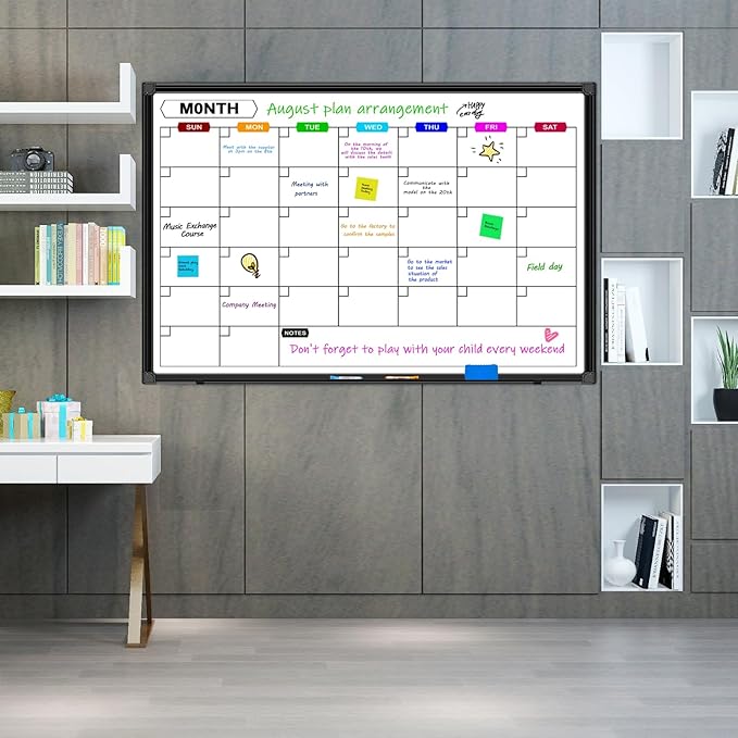 Dry Erase Calendar Whiteboard for Wall 36" x 24", Magnetic Monthly White Board Calendar Dry Erase with Tray, Black Aluminum Frame Bulletin Board for Office Home and School