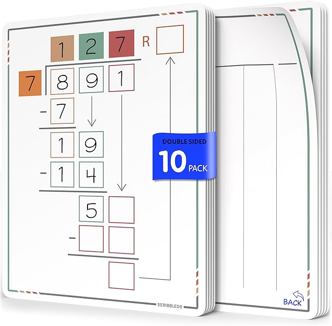 SCRIBBLEDO Division Math Practice 9”x12” Small White Board Dry Erase Sheets Math Manipulatives 3rd Grade Long Division Math Supplies Teacher Students Classroom Pack of 10 Sheets