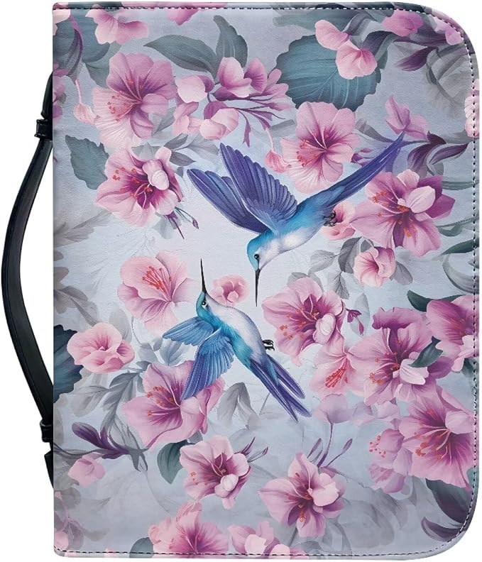 Hummingbird Flower Bible Covers Case for Women Waterproof PU Leather Bible Carrying Case for Man Bible Protector Zip Around Bible Organizer Bag