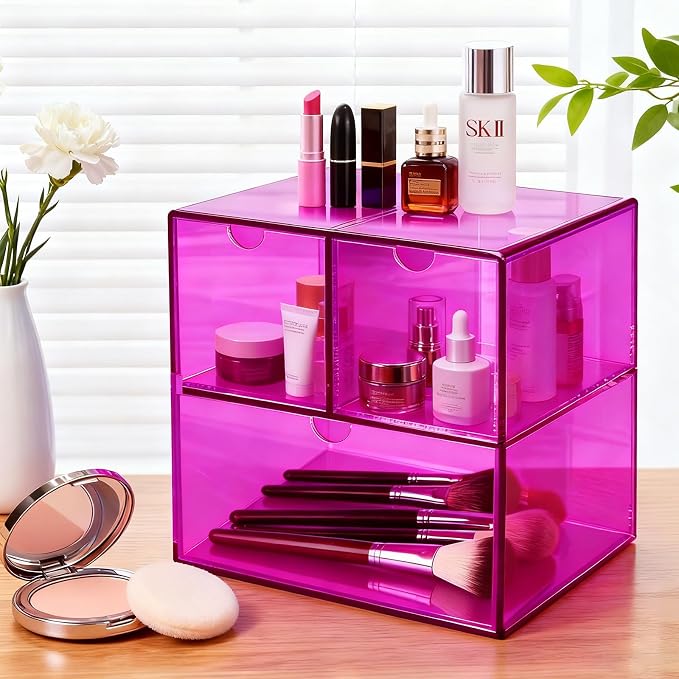 Gelite Desk Organizer with 3 Storage Drawers for Makeup Office Acrylic Desktop Drawer Organizer for Vanity Office Organization and Storage Box, Purple