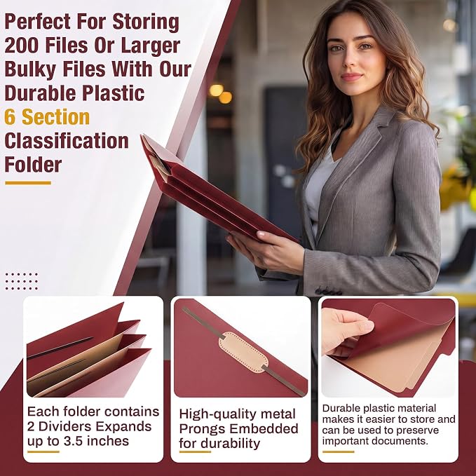 12 Pack Plastic Classification Folders with 2 Dividers & Fasteners, Heavy Duty 3.5” Expansion Letter Size File Folders for Law Client Files, Medical Records & Office Reports(Dark Red)