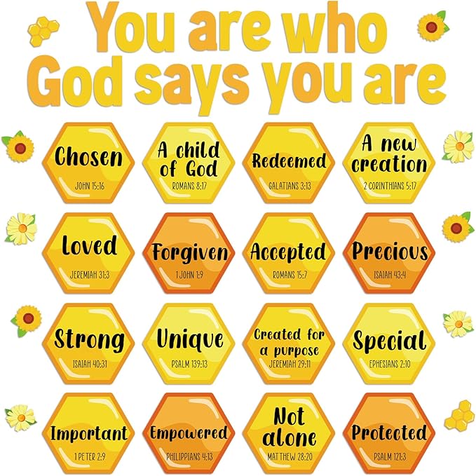 Qyeahkj Christian Bulletin Board Decorations Bee Jesus Bulletin Board Sets Bee Hive God Says You are Religious Classroom Wall Decor VBS Motivational Cutouts for Sunday School Home Church Supplies
