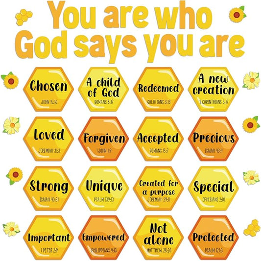 Qyeahkj Christian Bulletin Board Decorations Bee Jesus Bulletin Board Sets Bee Hive God Says You are Religious Classroom Wall Decor VBS Motivational Cutouts for Sunday School Home Church Supplies