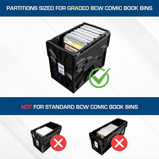 BCW Graded Comic Bin Partitions - Black, 3 Pack | Exclusive Organizer Graded Comic Book Bins only (not for Standard Bins) | Notched and Tabbed, Dividers | Smooth Plastic for Easy Labeling
